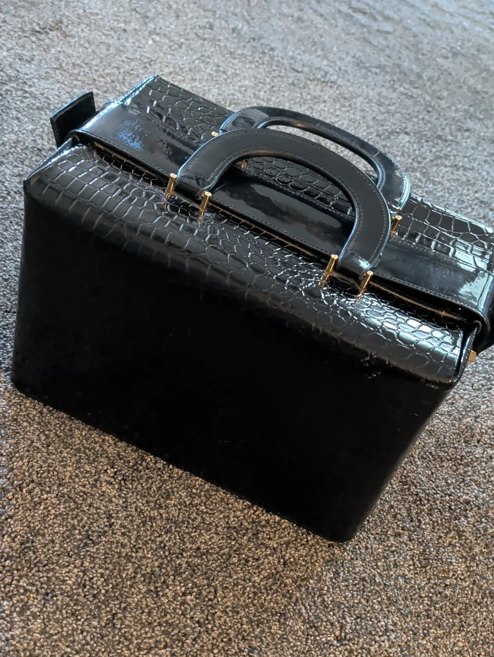 CB, Black Croc-Embossed Patent Box Bag